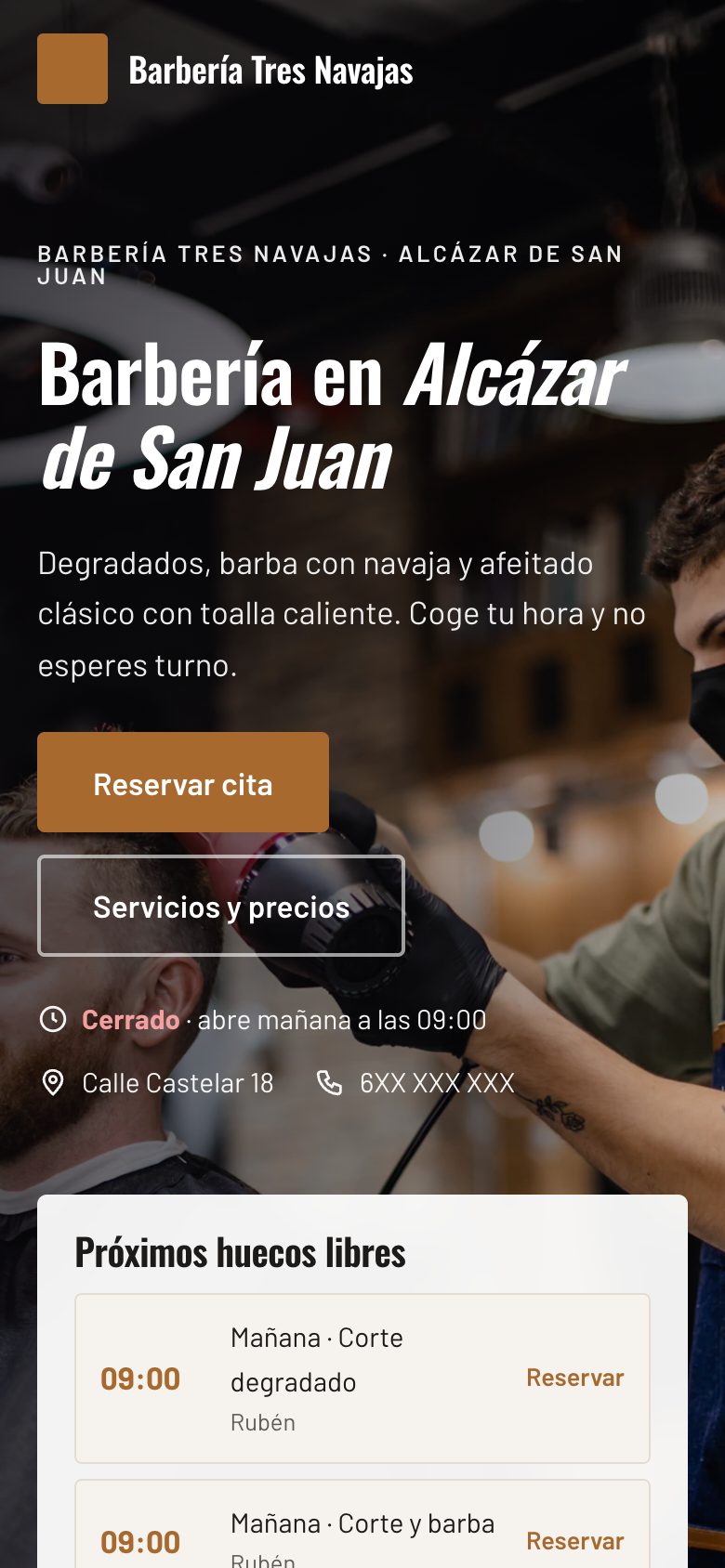 Página web con reservas online de barbería en el móvil: Barbería Tres Navajas, un centro de ejemplo