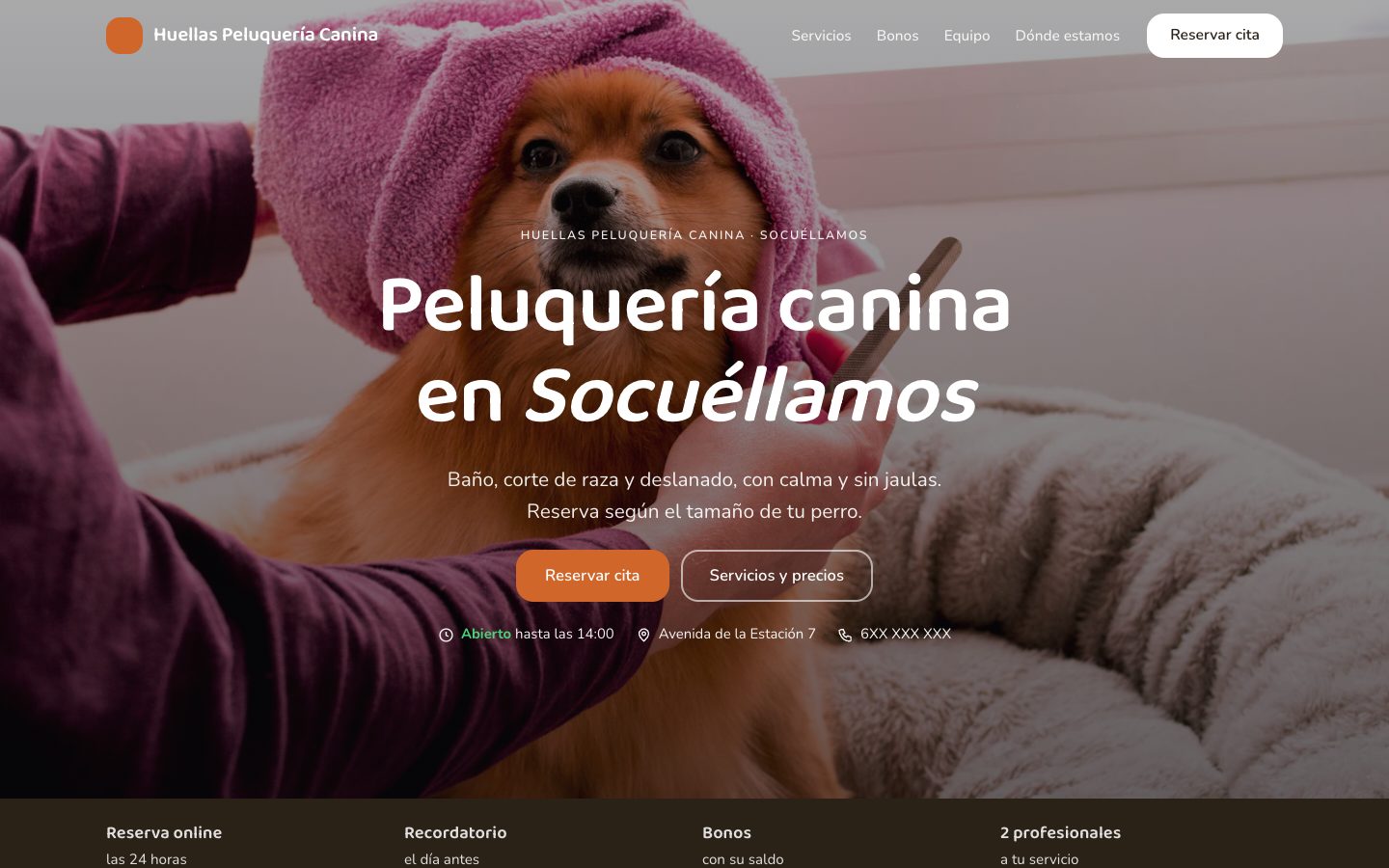Página web con reservas online de peluquería canina en el ordenador: Huellas Peluquería Canina, un centro de ejemplo