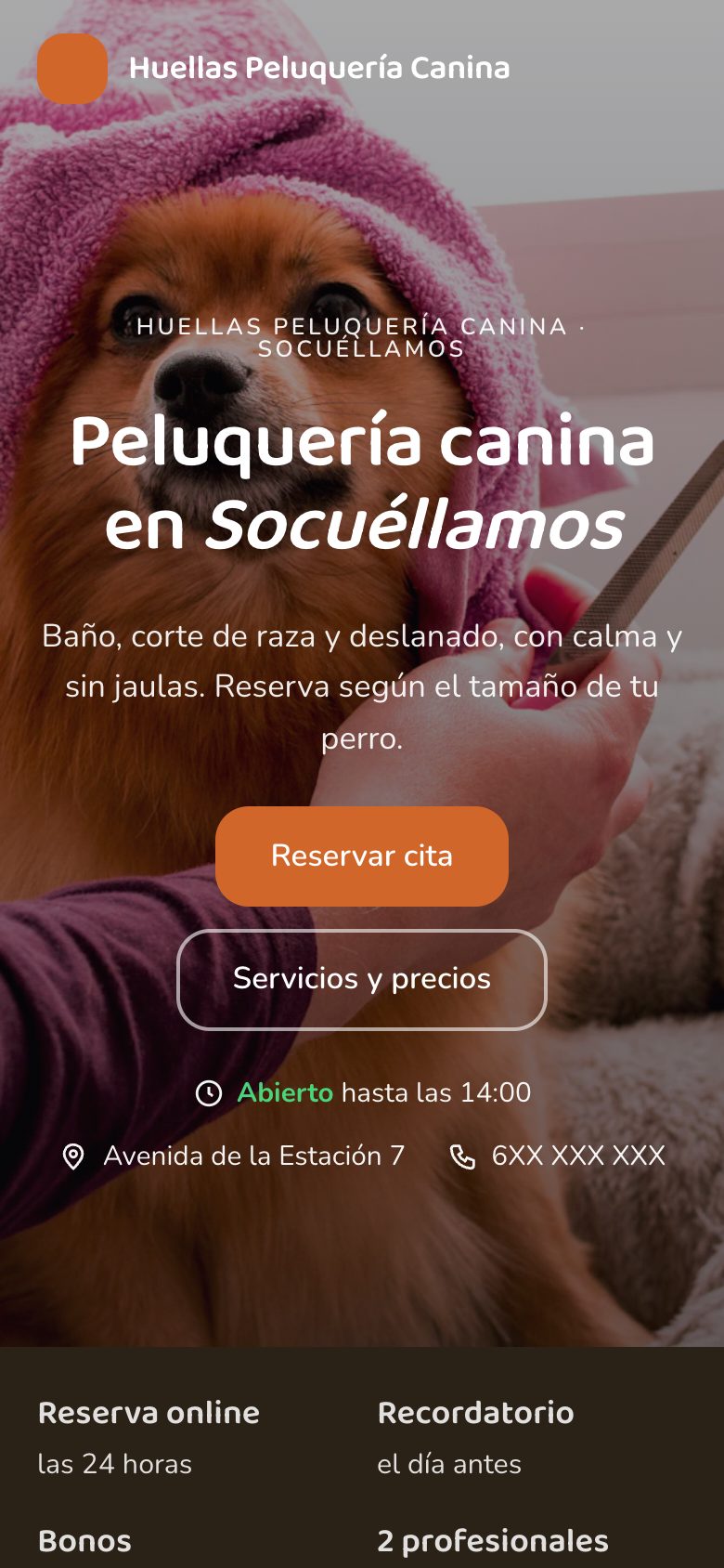 Página web con reservas online de peluquería canina en el móvil: Huellas Peluquería Canina, un centro de ejemplo
